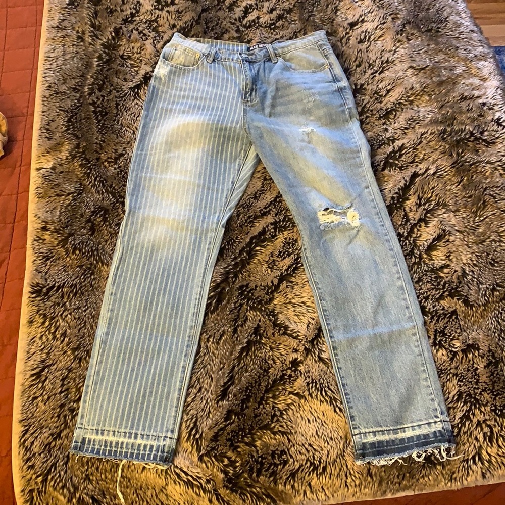 Blue revival straight leg jeans.